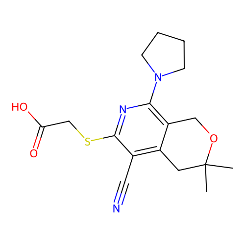 2-((5-cyano-3,3-dimethyl-8-(pyrrolidin-1-yl)-3,4-dihydro-1H-pyrano[3,4-c]pyridin-6-yl)thio)acetic acid structure