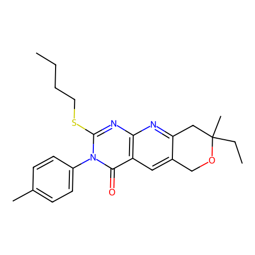 2-(butylsulfanyl)-8-ethyl-8-methyl-3-(4-methylphenyl)-3,6,8,9-tetrahydro-4H-pyrano[3',4':5,6]pyrido[2,3-d]pyrimidin-4-one structure