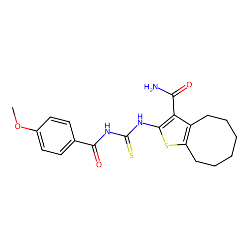 2-({[(4-methoxyphenyl)carbonyl]carbamothioyl}amino)-4,5,6,7,8,9-hexahydrocycloocta[b]thiophene-3-carboxamide structure