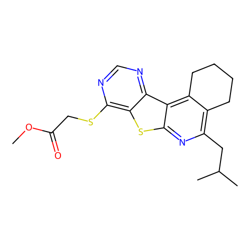 methyl {[5-(2-methylpropyl)-1,2,3,4-tetrahydropyrimido[4',5':4,5]thieno[2,3-c]isoquinolin-8-yl]sulfanyl}acetate structure