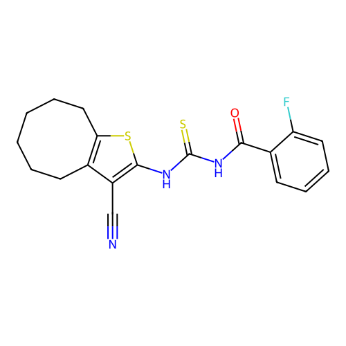 N-[(3-cyano-4,5,6,7,8,9-hexahydrocycloocta[b]thiophen-2-yl)carbamothioyl]-2-fluorobenzamide structure