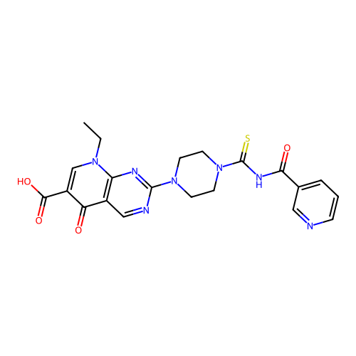 8-ethyl-5-oxo-2-{4-[(pyridin-3-ylcarbonyl)carbamothioyl]piperazin-1-yl}-5,8-dihydropyrido[2,3-d]pyrimidine-6-carboxylic acid structure