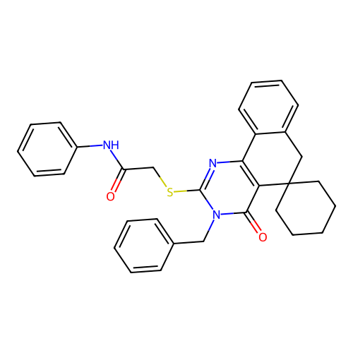 2-((3-benzyl-4-oxo-4,6-dihydro-3H-spiro[benzo[h]quinazoline-5,1'-cyclohexan]-2-yl)thio)-N-phenylacetamide structure