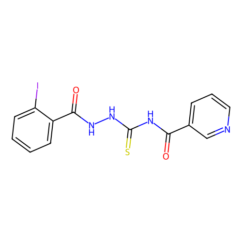 N-({2-[(2-iodophenyl)carbonyl]hydrazinyl}carbonothioyl)pyridine-3-carboxamide structure