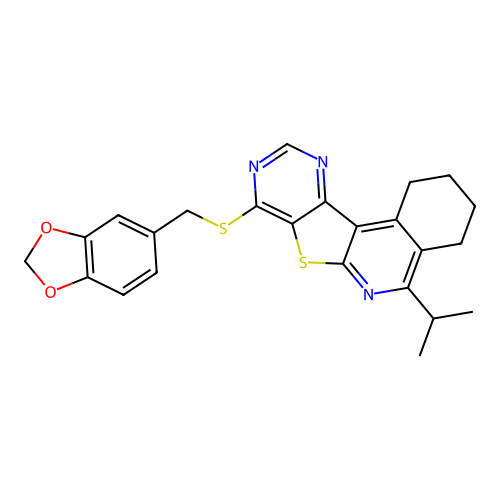 8-((benzo[d][1,3]dioxol-5-ylmethyl)thio)-5-isopropyl-1,2,3,4-tetrahydropyrimido[4',5':4,5]thieno[2,3-c]isoquinoline structure