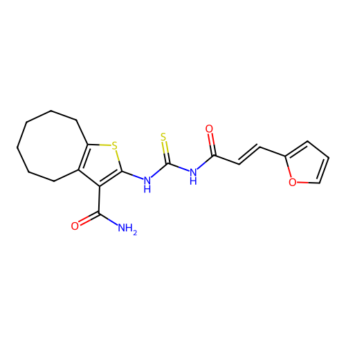 (E)-2-(3-(3-(furan-2-yl)acryloyl)thioureido)-4,5,6,7,8,9-hexahydrocycloocta[b]thiophene-3-carboxamide structure