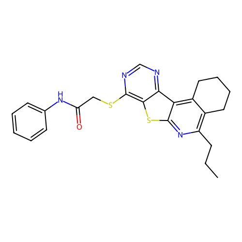 N-phenyl-2-((5-propyl-1,2,3,4-tetrahydropyrimido[4',5':4,5]thieno[2,3-c]isoquinolin-8-yl)thio)acetamide structure