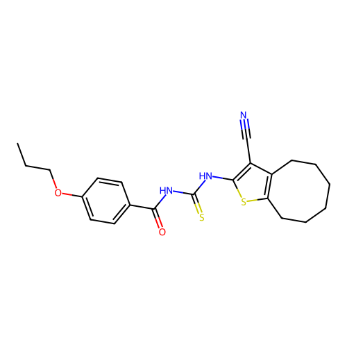 N-[(3-cyano-4,5,6,7,8,9-hexahydrocycloocta[b]thiophen-2-yl)carbamothioyl]-4-propoxybenzamide structure
