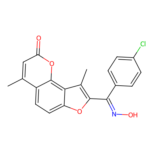 (E)-8-((4-chlorophenyl)(hydroxyimino)methyl)-4,9-dimethyl-2H-furo[2,3-h]chromen-2-one structure