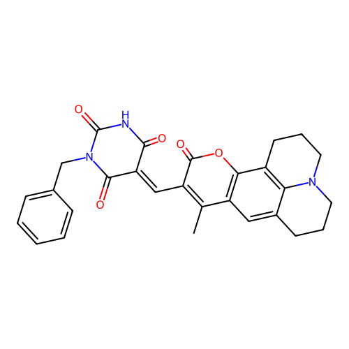(E)-1-benzyl-5-((9-methyl-11-oxo-2,3,5,6,7,11-hexahydro-1H-pyrano[2,3-f]pyrido[3,2,1-ij]quinolin-10-yl)methylene)pyrimidine-2,4,6(1H,3H,5H)-trione structure