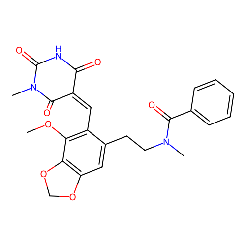 N-[2-[7-methoxy-6-[(Z)-(1-methyl-2,4,6-trioxo-1,3-diazinan-5-ylidene)methyl]-1,3-benzodioxol-5-yl]ethyl]-N-methylbenzamide structure