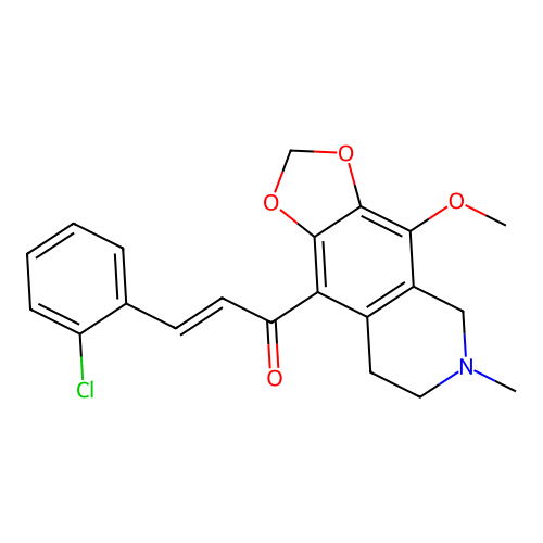 (2E)-3-(2-chlorophenyl)-1-(4-methoxy-6-methyl-5,6,7,8-tetrahydro[1,3]dioxolo[4,5-g]isoquinolin-9-yl)prop-2-en-1-one structure