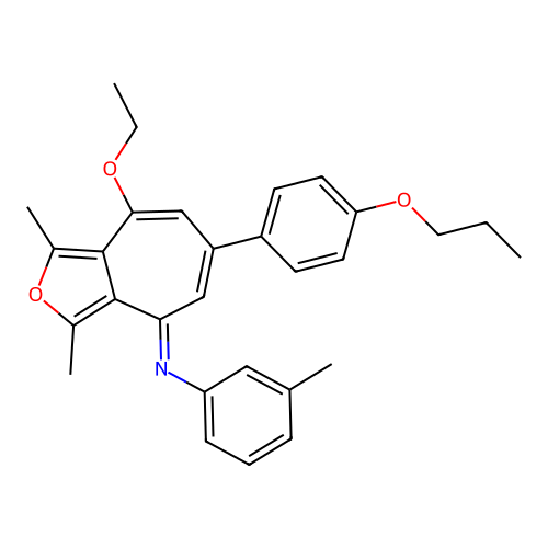 (E)-N-(8-ethoxy-1,3-dimethyl-6-(4-propoxyphenyl)-4H-cyclohepta[c]furan-4-ylidene)-3-methylaniline structure