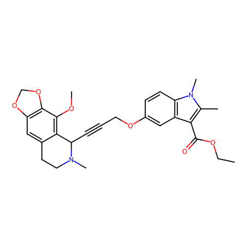 ethyl 5-((3-(4-methoxy-6-methyl-5,6,7,8-tetrahydro-[1,3]dioxolo[4,5-g]isoquinolin-5-yl)prop-2-yn-1-yl)oxy)-1,2-dimethyl-1H-indole-3-carboxylate structure