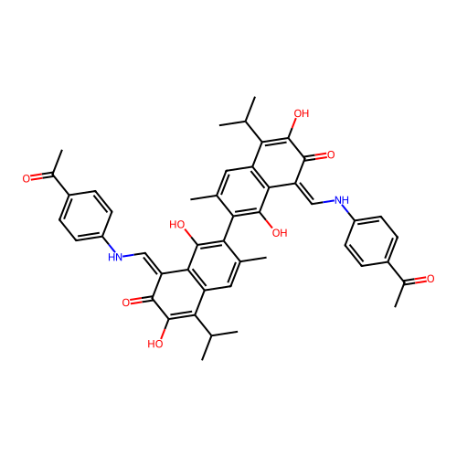 (1Z)-1-[(4-acetylanilino)methylidene]-7-[(8Z)-8-[(4-acetylanilino)methylidene]-1,6-dihydroxy-3-methyl-7-oxo-5-propan-2-ylnaphthalen-2-yl]-3,8-dihydroxy-6-methyl-4-propan-2-ylnaphthalen-2-one structure