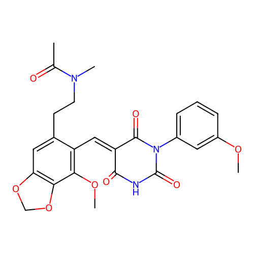 N-(2-(7-methoxy-6-((1-(3-methoxyphenyl)-2,4,6-trioxotetrahydropyrimidin-5(2H)-ylidene)methyl)benzo[d][1,3]dioxol-5-yl)ethyl)-N-methylacetamide structure