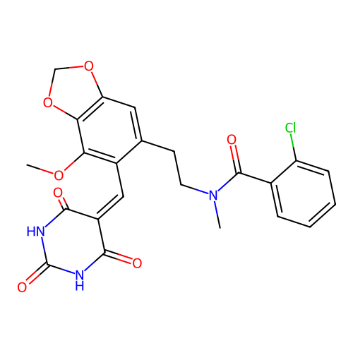 2-chloro-N-(2-(7-methoxy-6-((2,4,6-trioxotetrahydropyrimidin-5(2H)-ylidene)methyl)benzo[d][1,3]dioxol-5-yl)ethyl)-N-methylbenzamide structure