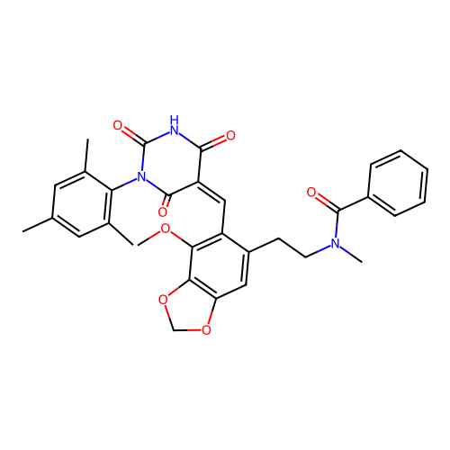 (Z)-N-(2-(6-((1-mesityl-2,4,6-trioxotetrahydropyrimidin-5(2H)-ylidene)methyl)-7-methoxybenzo[d][1,3]dioxol-5-yl)ethyl)-N-methylbenzamide structure