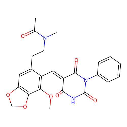 N-(2-(7-methoxy-6-((2,4,6-trioxo-1-phenyltetrahydropyrimidin-5(2H)-ylidene)methyl)benzo[d][1,3]dioxol-5-yl)ethyl)-N-methylacetamide structure