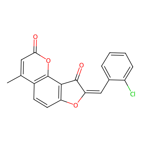 (E)-8-(2-chlorobenzylidene)-4-methyl-2H-furo[2,3-h]chromene-2,9(8H)-dione structure