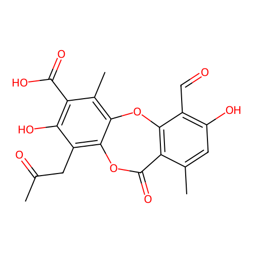 10-formyl-3,9-dihydroxy-1,7-dimethyl-6-oxo-4-(2-oxopropyl)benzo[b][1,4]benzodioxepine-2-carboxylic acid structure