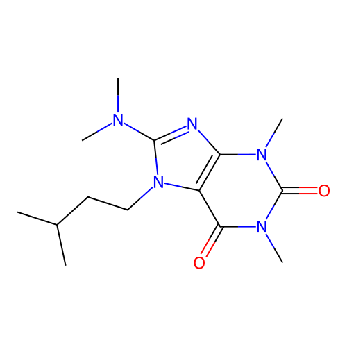 8-(dimethylamino)-1,3-dimethyl-7-(3-methylbutyl)-3,7-dihydro-1H-purine-2,6-dione structure