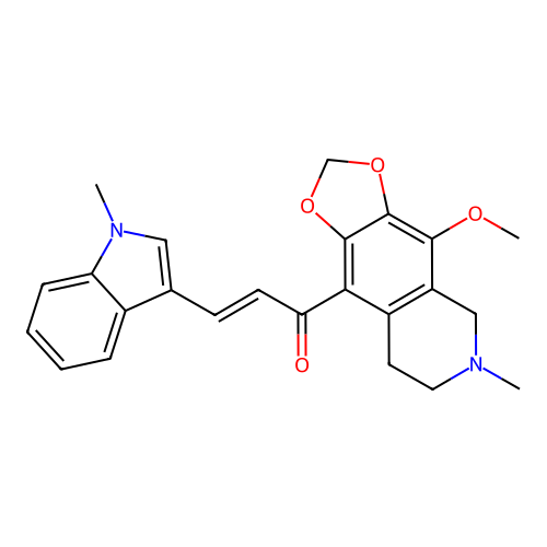 (2E)-1-(4-methoxy-6-methyl-5,6,7,8-tetrahydro[1,3]dioxolo[4,5-g]isoquinolin-9-yl)-3-(1-methyl-1H-indol-3-yl)prop-2-en-1-one structure