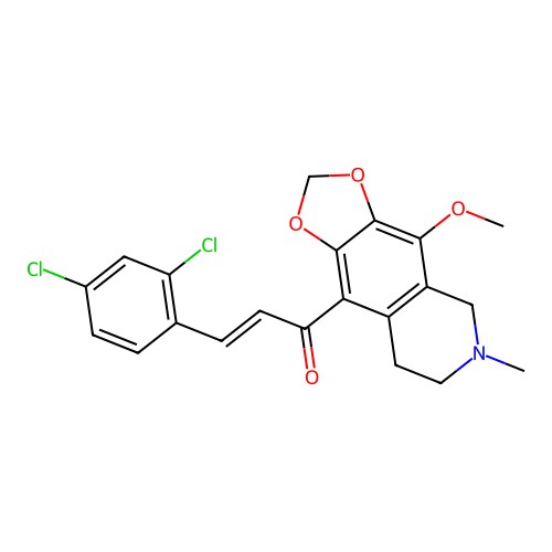 (2E)-3-(2,4-dichlorophenyl)-1-(4-methoxy-6-methyl-5,6,7,8-tetrahydro[1,3]dioxolo[4,5-g]isoquinolin-9-yl)prop-2-en-1-one structure