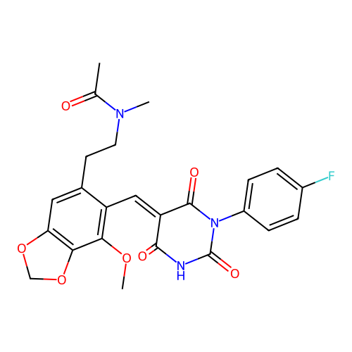 (E)-N-(2-(6-((1-(4-fluorophenyl)-2,4,6-trioxotetrahydropyrimidin-5(2H)-ylidene)methyl)-7-methoxybenzo[d][1,3]dioxol-5-yl)ethyl)-N-methylacetamide structure