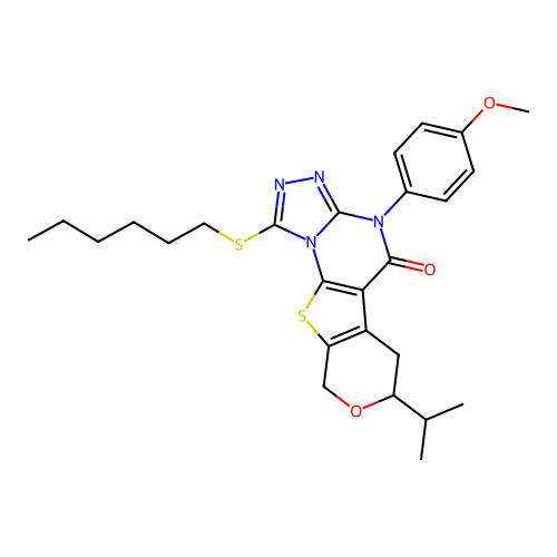 1-(hexylsulfanyl)-4-(4-methoxyphenyl)-7-(propan-2-yl)-6,9-dihydro-7H-pyrano[4',3':4,5]thieno[3,2-e][1,2,4]triazolo[4,3-a]pyrimidin-5(4H)-one structure