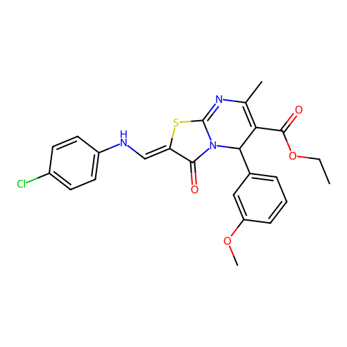 (Z)-ethyl 2-(((4-chlorophenyl)amino)methylene)-5-(3-methoxyphenyl)-7-methyl-3-oxo-3,5-dihydro-2H-thiazolo[3,2-a]pyrimidine-6-carboxylate structure