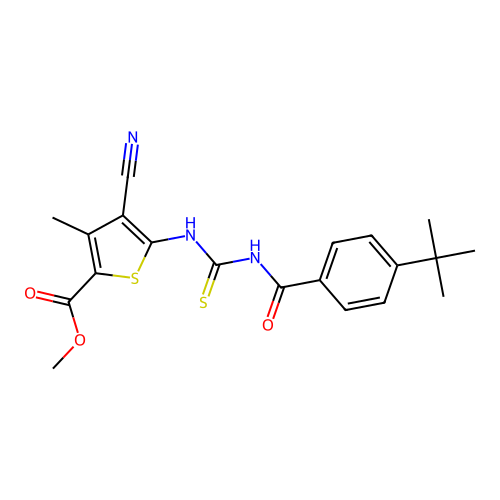 methyl 5-({[(4-tert-butylphenyl)carbonyl]carbamothioyl}amino)-4-cyano-3-methylthiophene-2-carboxylate structure