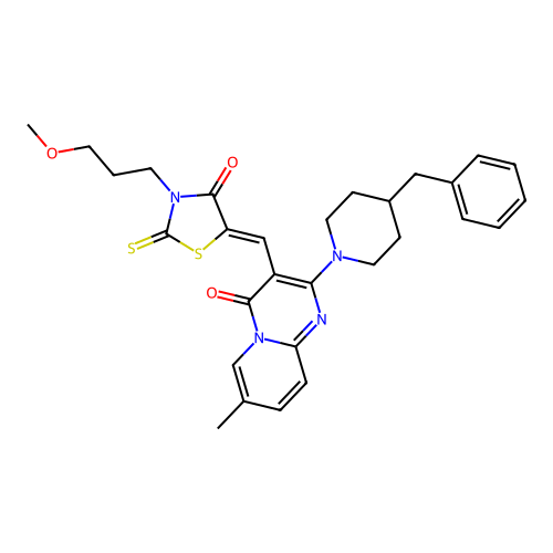 2-(4-benzylpiperidin-1-yl)-3-{(Z)-[3-(3-methoxypropyl)-4-oxo-2-thioxo-1,3-thiazolidin-5-ylidene]methyl}-7-methyl-4H-pyrido[1,2-a]pyrimidin-4-one structure