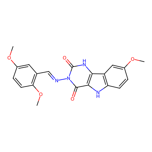 (E)-3-((2,5-dimethoxybenzylidene)amino)-8-methoxy-1H-pyrimido[5,4-b]indole-2,4(3H,5H)-dione structure
