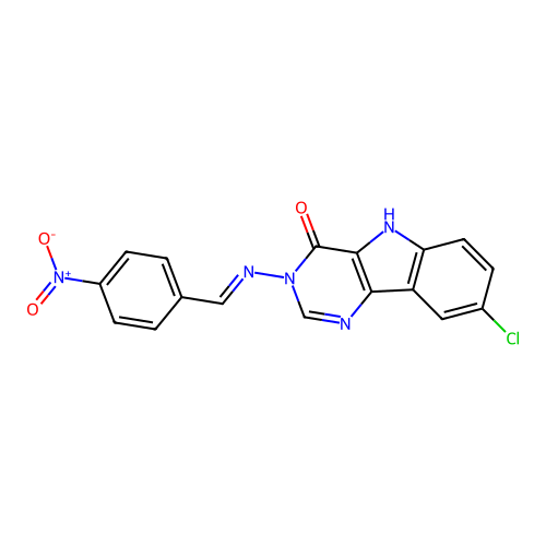 8-chloro-3-{[(E)-(4-nitrophenyl)methylidene]amino}-3,5-dihydro-4H-pyrimido[5,4-b]indol-4-one structure