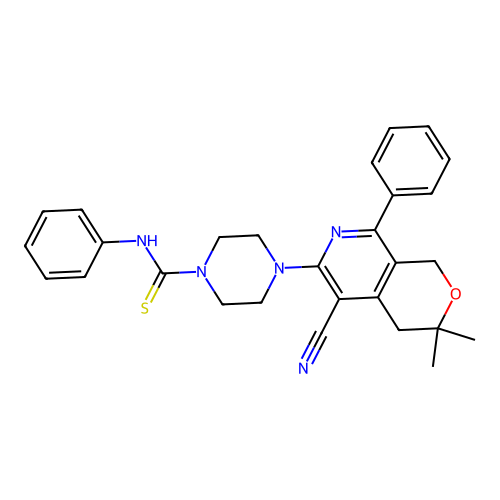 4-(5-cyano-3,3-dimethyl-8-phenyl-3,4-dihydro-1H-pyrano[3,4-c]pyridin-6-yl)-N-phenylpiperazine-1-carbothioamide structure