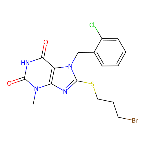 8-[(3-bromopropyl)sulfanyl]-7-(2-chlorobenzyl)-3-methyl-3,7-dihydro-1H-purine-2,6-dione structure