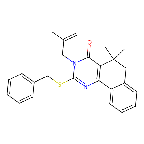 2-(benzylthio)-5,5-dimethyl-3-(2-methylallyl)-5,6-dihydrobenzo[h]quinazolin-4(3H)-one structure