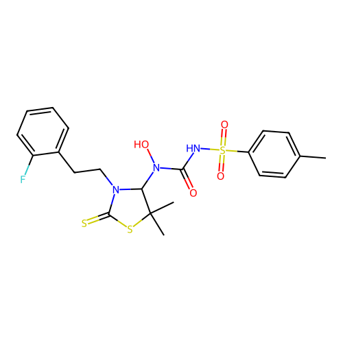 1-[3-[2-(2-fluorophenyl)ethyl]-5,5-dimethyl-2-sulfanylidene-1,3-thiazolidin-4-yl]-1-hydroxy-3-(4-methylphenyl)sulfonylurea structure