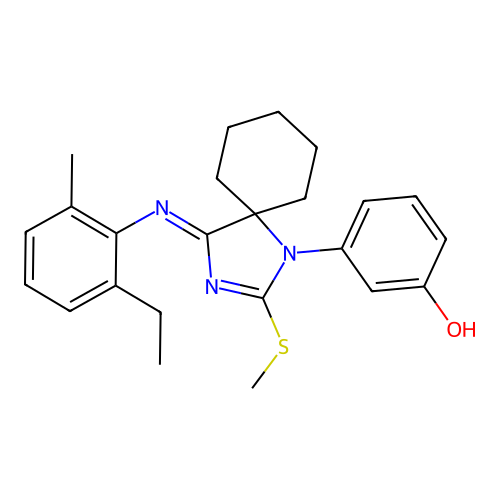 (Z)-3-(4-((2-ethyl-6-methylphenyl)imino)-2-(methylthio)-1,3-diazaspiro[4.5]dec-2-en-1-yl)phenol structure