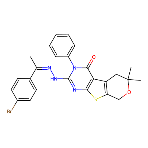 2-(2-(1-(4-bromophenyl)ethylidene)hydrazinyl)-6,6-dimethyl-3-phenyl-5,6-dihydro-3H-pyrano[4',3':4,5]thieno[2,3-d]pyrimidin-4(8H)-one structure