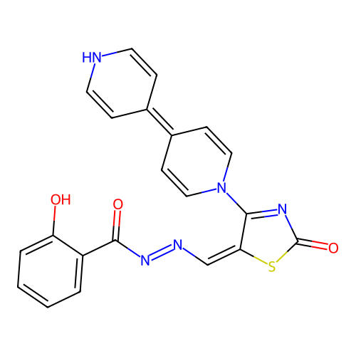 2-hydroxy-N-[[2-oxo-4-[4-(1H-pyridin-4-ylidene)pyridin-1-yl]-1,3-thiazol-5-ylidene]methylimino]benzamide structure