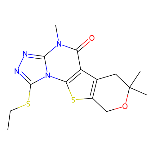 1-(ethylsulfanyl)-4,7,7-trimethyl-6,9-dihydro-7H-pyrano[4',3':4,5]thieno[3,2-e][1,2,4]triazolo[4,3-a]pyrimidin-5(4H)-one structure