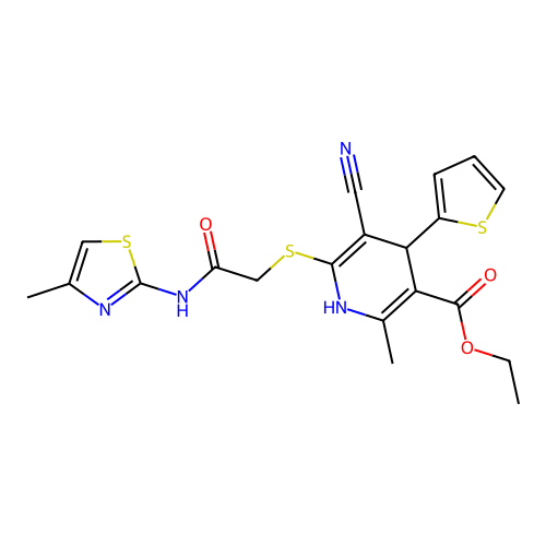 ethyl 5-cyano-2-methyl-6-((2-((4-methylthiazol-2-yl)amino)-2-oxoethyl)thio)-4-(thiophen-2-yl)-1,4-dihydropyridine-3-carboxylate structure