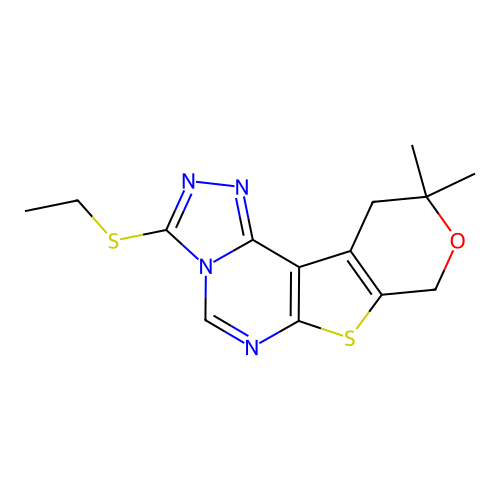 3-(ethylsulfanyl)-10,10-dimethyl-10,11-dihydro-8H-pyrano[4',3':4,5]thieno[3,2-e][1,2,4]triazolo[4,3-c]pyrimidine structure