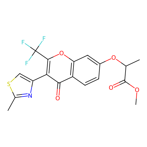 methyl 2-((3-(2-methylthiazol-4-yl)-4-oxo-2-(trifluoromethyl)-4H-chromen-7-yl)oxy)propanoate structure