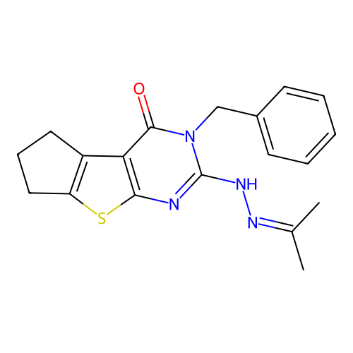 3-benzyl-2-[2-(propan-2-ylidene)hydrazinyl]-3,5,6,7-tetrahydro-4H-cyclopenta[4,5]thieno[2,3-d]pyrimidin-4-one structure