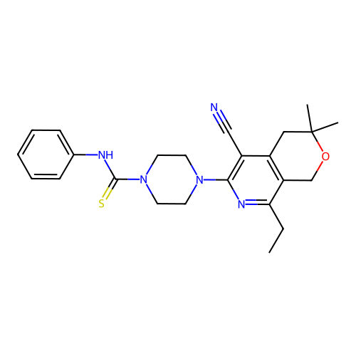 4-(5-cyano-8-ethyl-3,3-dimethyl-3,4-dihydro-1H-pyrano[3,4-c]pyridin-6-yl)-N-phenylpiperazine-1-carbothioamide structure