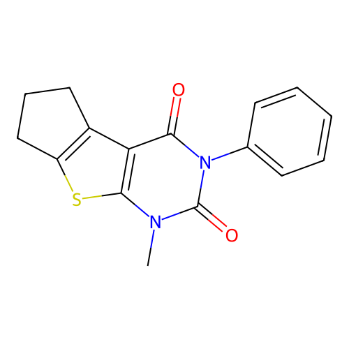 1-methyl-3-phenyl-1,5,6,7-tetrahydro-2H-cyclopenta[4,5]thieno[2,3-d]pyrimidine-2,4(3H)-dione structure