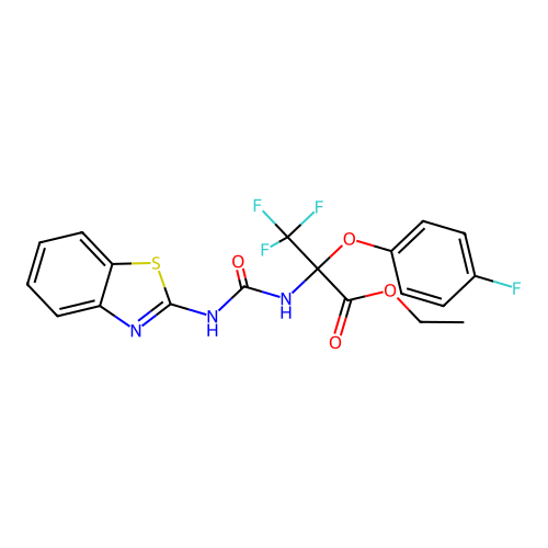 ethyl 2-(3-(benzo[d]thiazol-2-yl)ureido)-3,3,3-trifluoro-2-(4-fluorophenoxy)propanoate structure